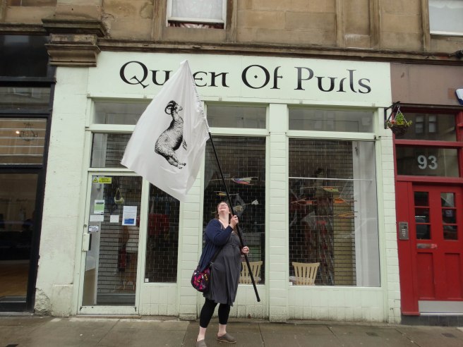 Zoe outside The Queen of Purls